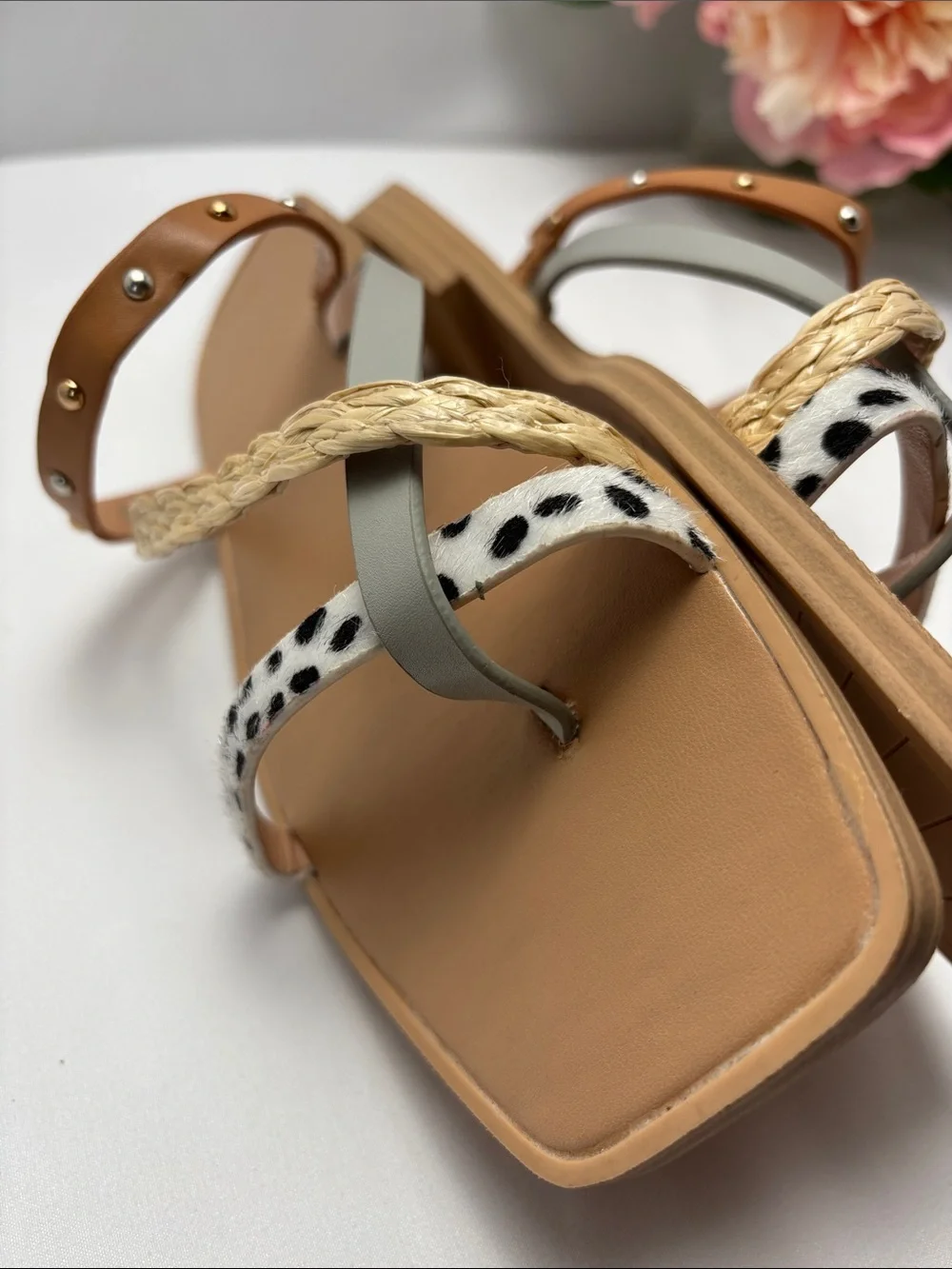 ZBY Womens 8.5 Multi-Texture Leopard Studs Strappy Slide Sandals - Tan #473